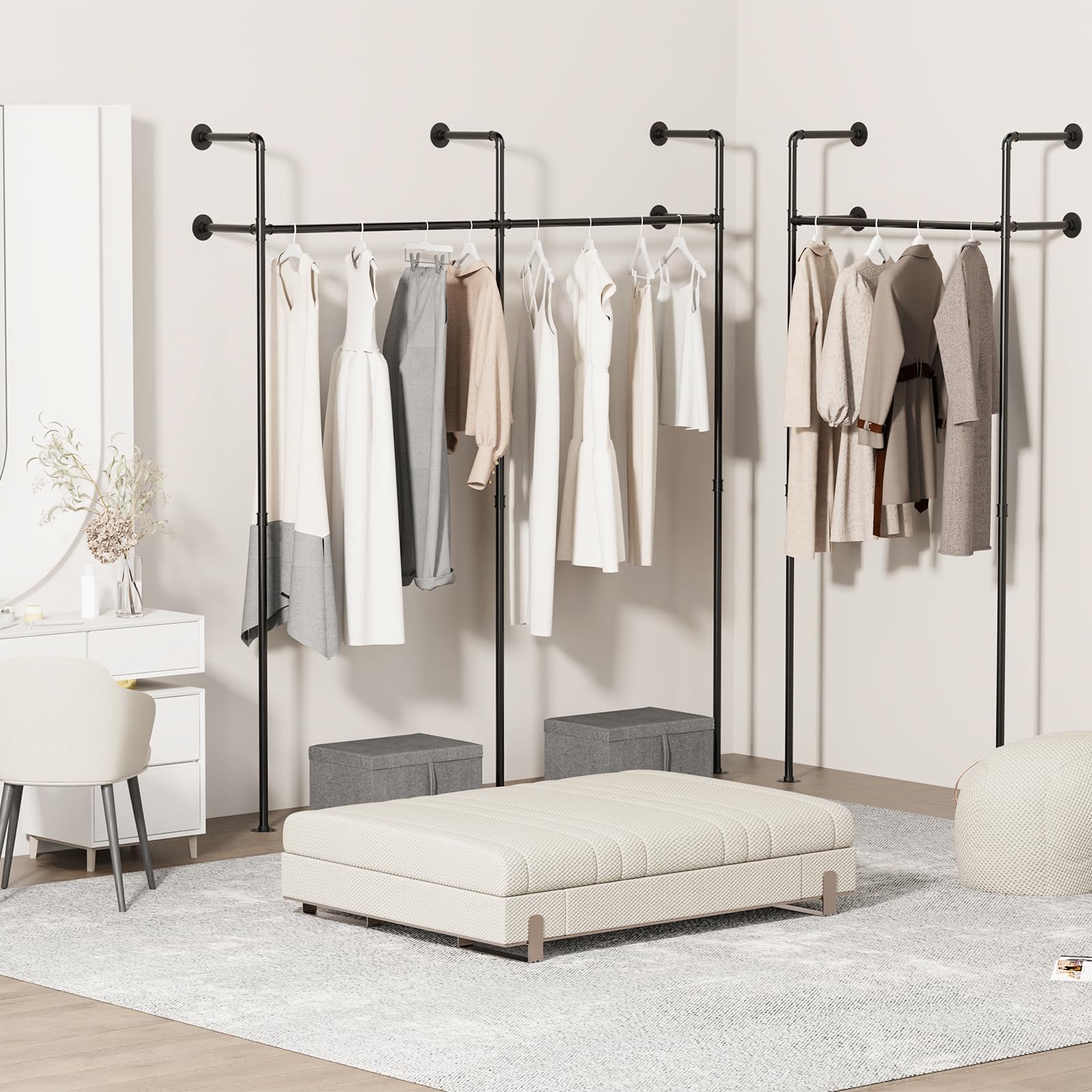 Portant Vetement Mural, Porte Manteau Industriel, 203x220cm | Tringle Vêtements, Penderie Murale, Ouvert Penderie Dressing, Capacité de Charge 300 kg, pour Chambre, Stable et Robuste