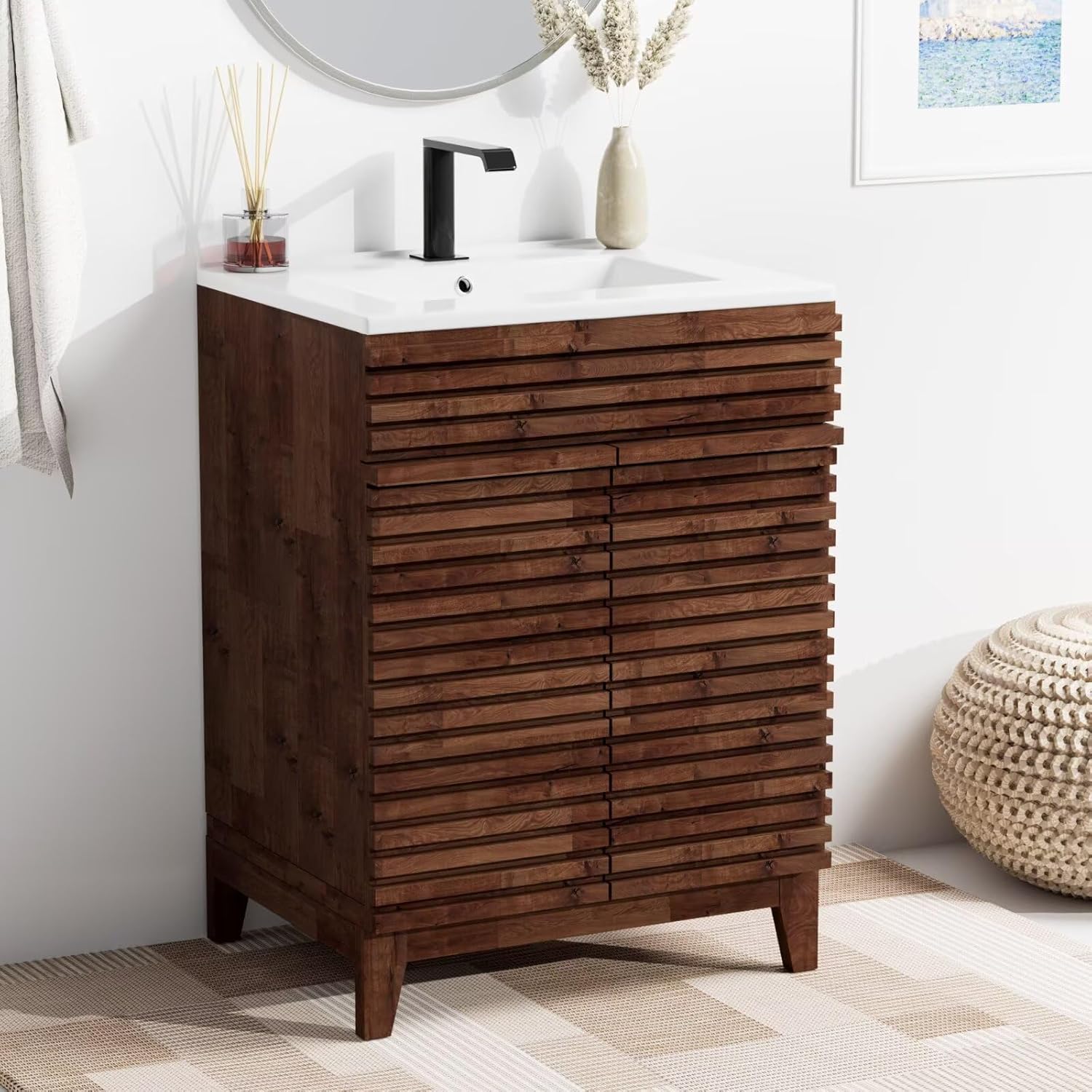 24" Nature Acacia Bathroom Vanity with 1 Hole Ceramic Sink Combo, Freestanding Vanity Cabinet with 2 Invisible Soft Closing Doors, Acacia Wood Grain