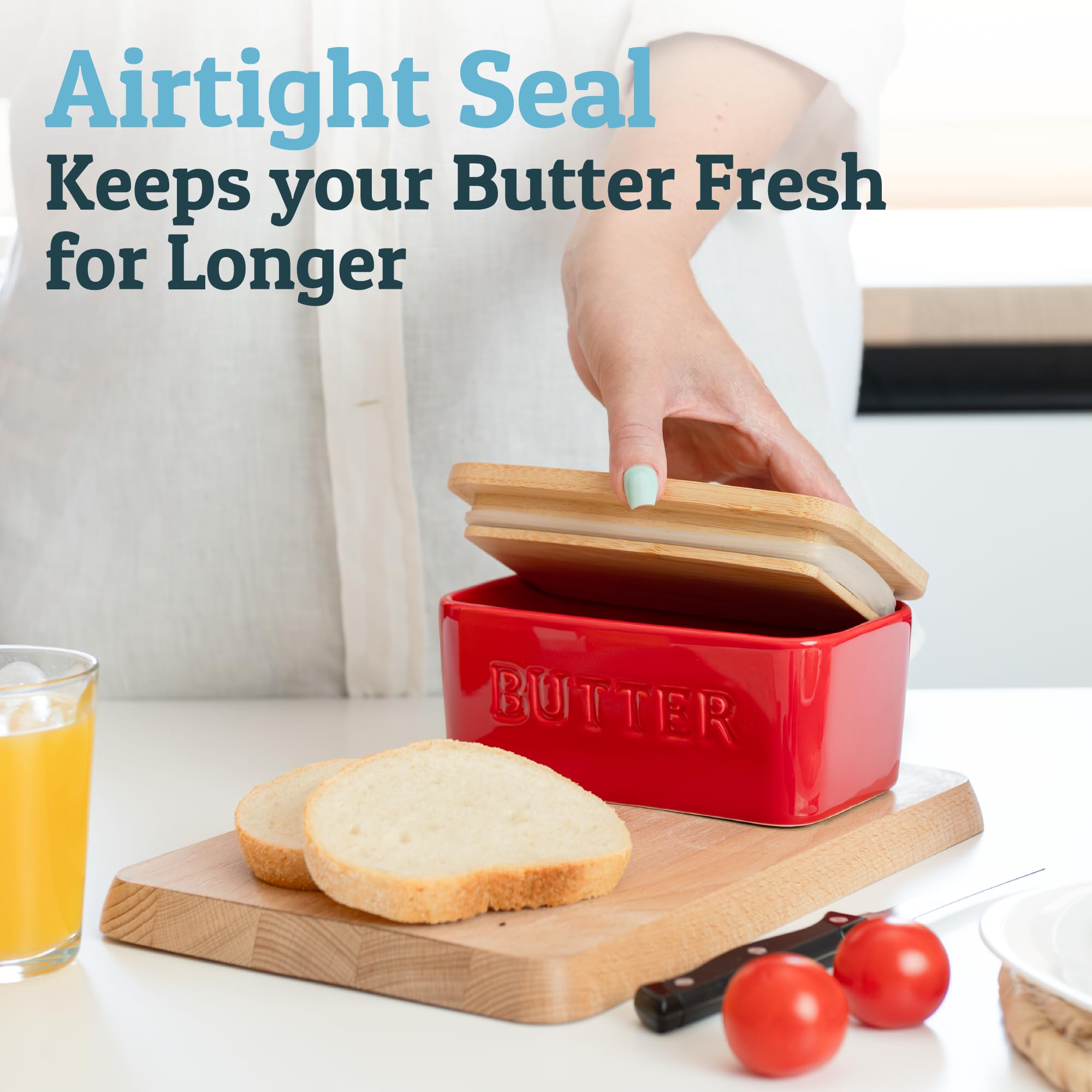 PriorityChef Large Butter Dish with Lid for Countertop, Ceramic Butter Container With Airtight Cover, Butter Keeper for Counter or Fridge, Butter Holder Storage, Red