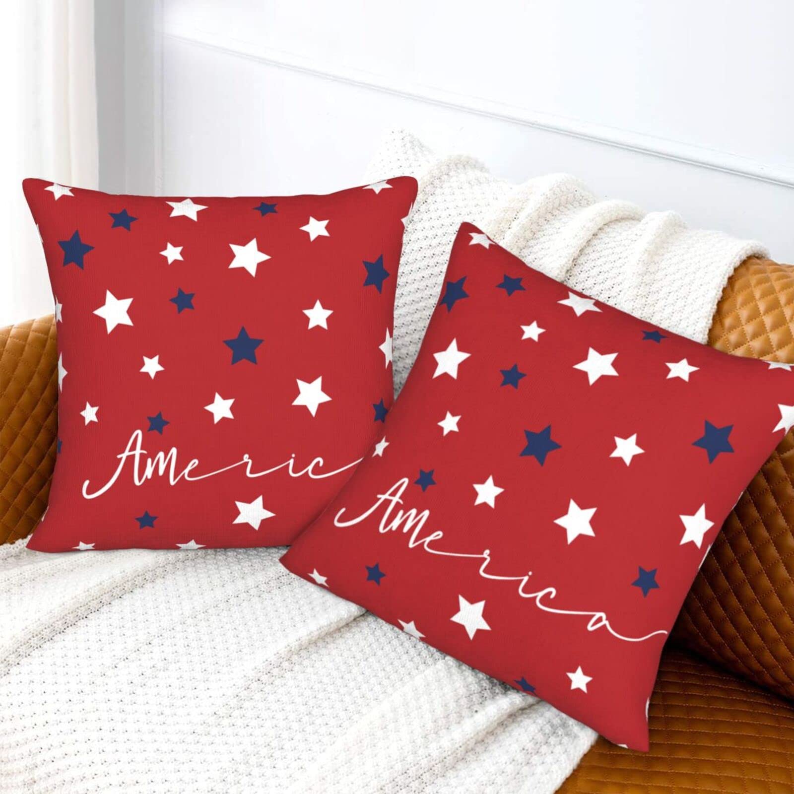 4th of July Pillow Covers 20x20 Set of 2, Memorial Day Patriotic Throw Pillows Holiday American Flag Rustic Blue Red Stars Decorative Pillowcase Cushion Cover for Independence Day Home Outdoor Decor 2