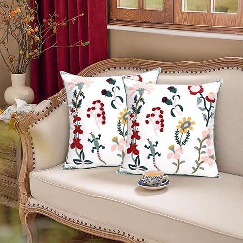 Miniatura 3 de Paquete de 2 fundas de almohada decorativas bordadas de 18 x 18 pulgadas, fundas de almohada florales de granja para sala de estar, sofá y cama