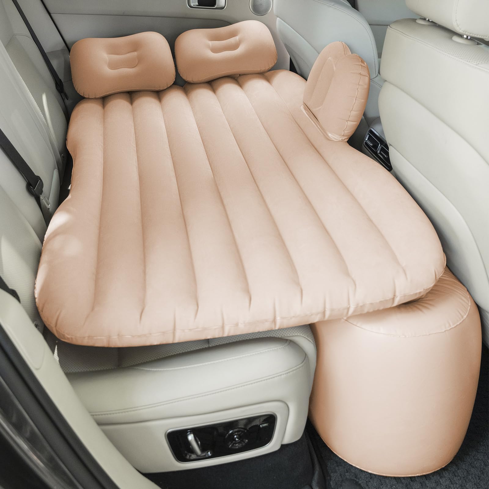 BEBAS Inflatable Air Mattress Travel Bed Thickened Camping Bed Sleeping Pad with Car Air Pump 2 Pillows for Car Tent SUV Sedan Pickup Back Seat Black (Beige)
