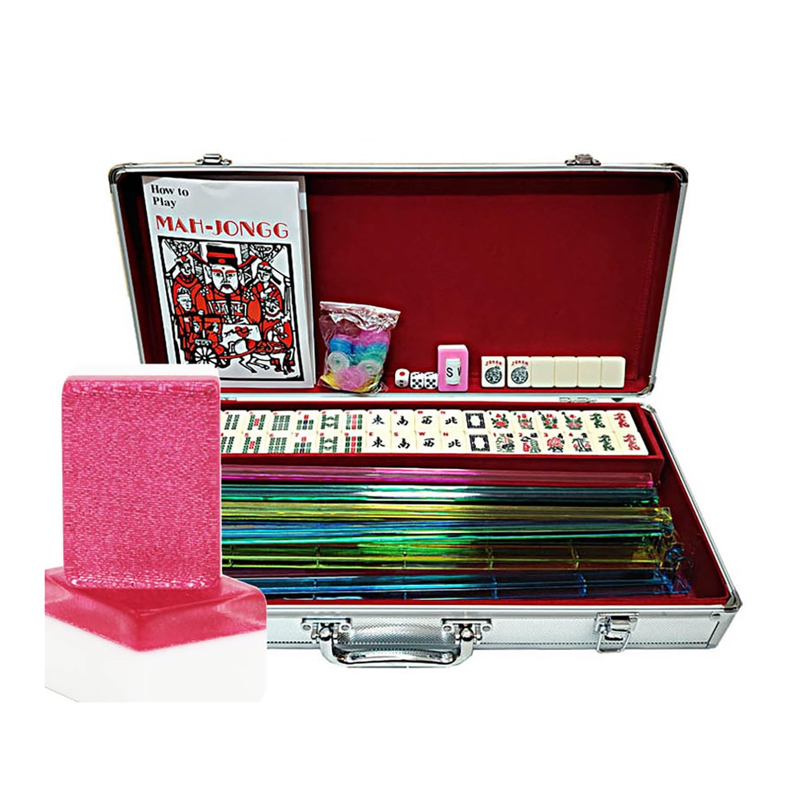 American Mahjong Set, Travel Mahjong Set American | 166 Numbered Tiles with Pushers & Aluminum Case(Crystal pink)