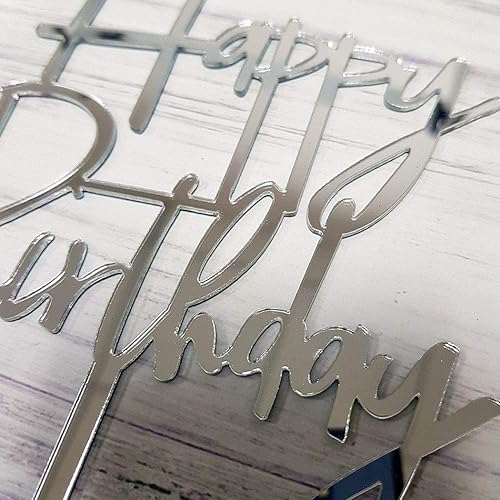 Miniatura 3 de Decoración de pastel de feliz cumpleaños para decoraciones de fiesta de cumpleaños (acrílico plateado espejo)