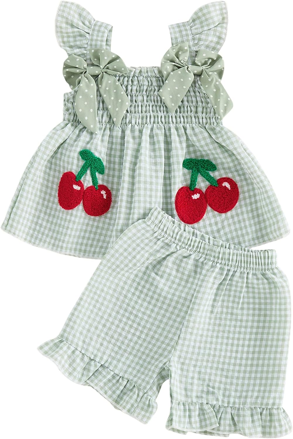Baby Girl Summer Clothes Toddler Cute Cherry Outfits Bow Plaid Sleeveless Vest Tops Dress Shorts Set 2Pcs