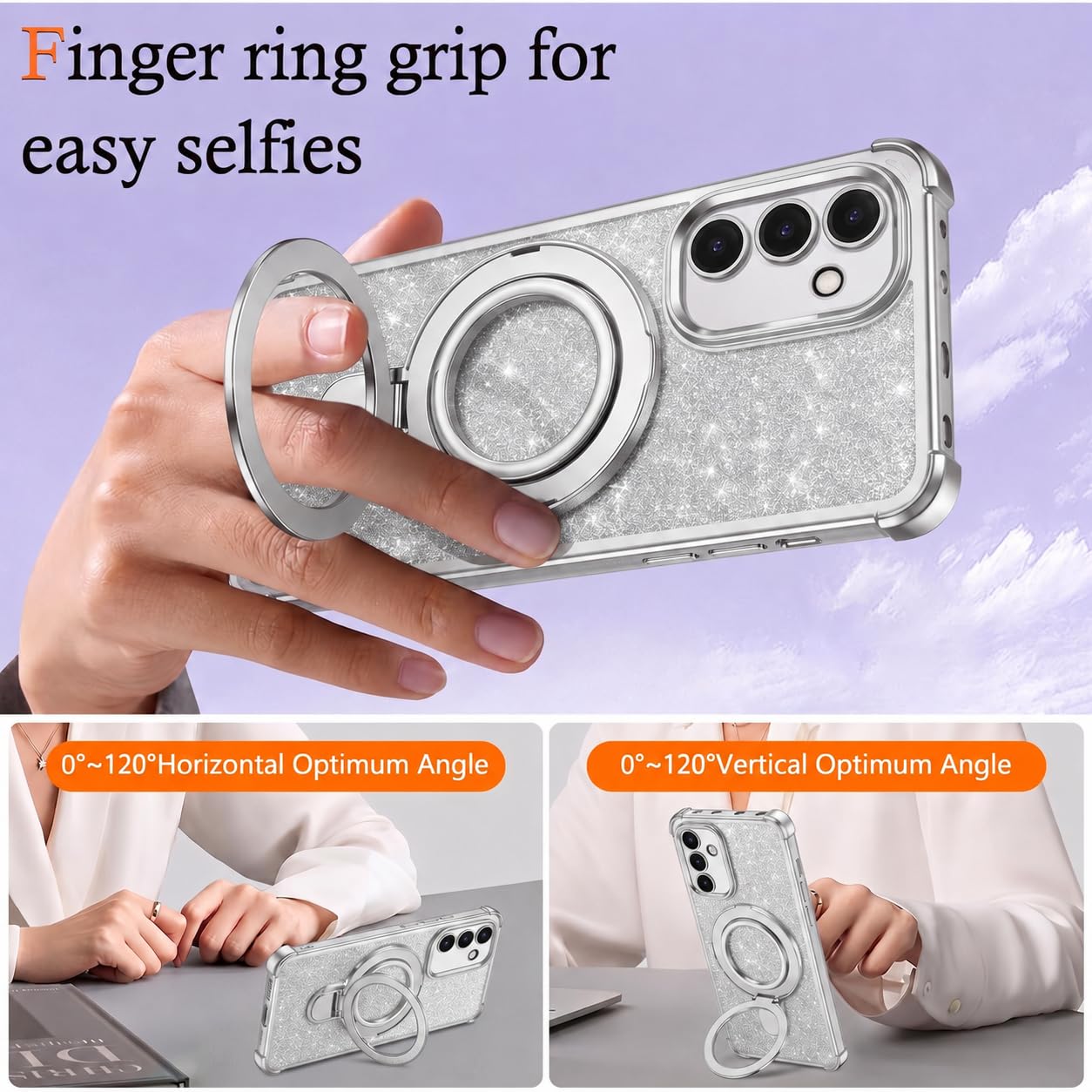 Mobigon Glitter Phone Case Compatible with Xiaomi Redmi Note 14 4G (Not 5G), Magnetic Ring Stand Shockproof Cover, Clear Soft TPU Bumper with Full Camera Protection - Silver