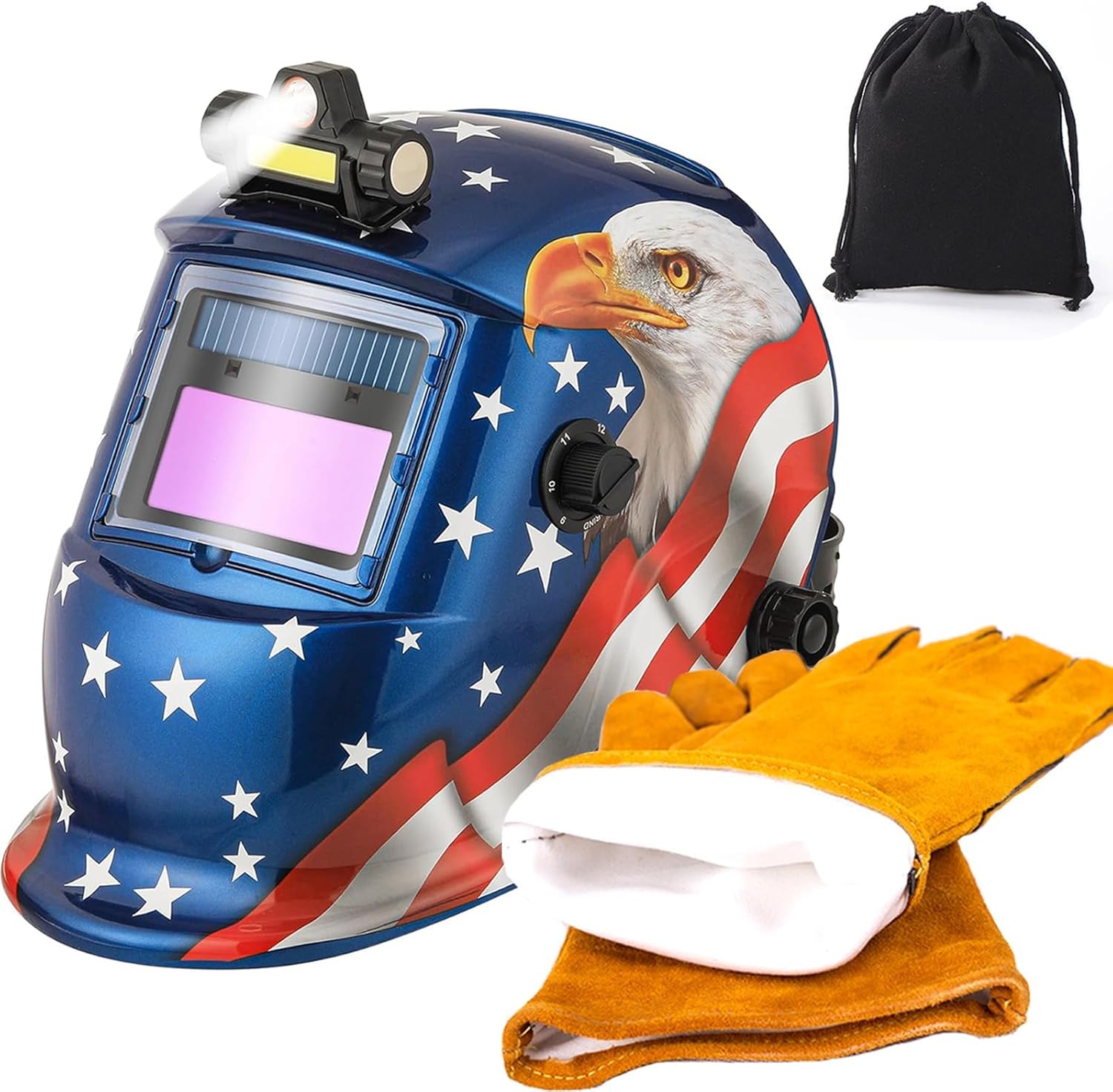 WR01A Welding Helmet Auto Darkening with LED Light True Color Solar Powered Welder Hood with Adjustable Shade Range 4/9-13 for Mig Tig Arc Welding Mask (Blue Eagle + Welding Gloves)