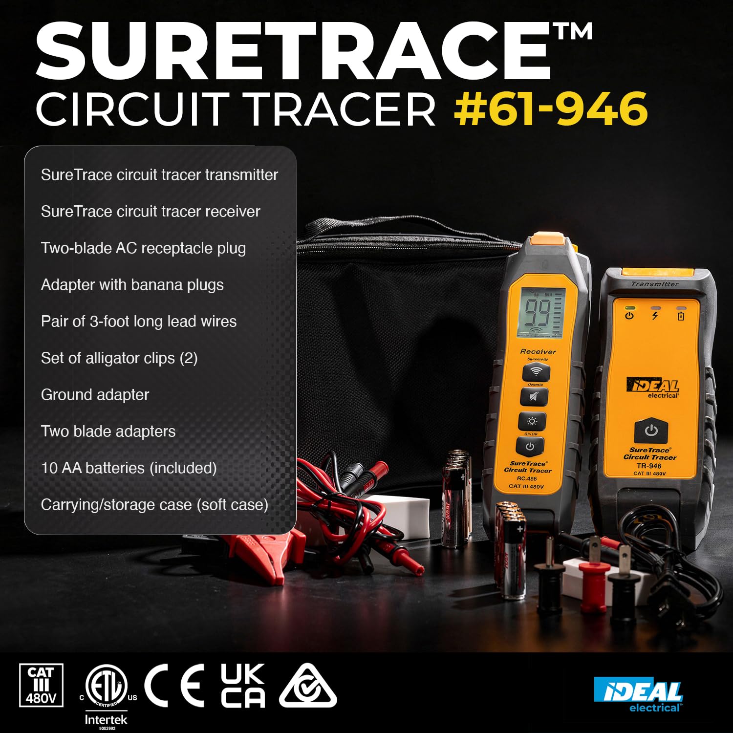 Ideal Electrical SureTrace Digital Circuit Tracer (61-946) 0-480 Volts AC/DC with Backlit Display — Find Breakers, Fuses, Wires, Dead Shorts, and Splice Errors