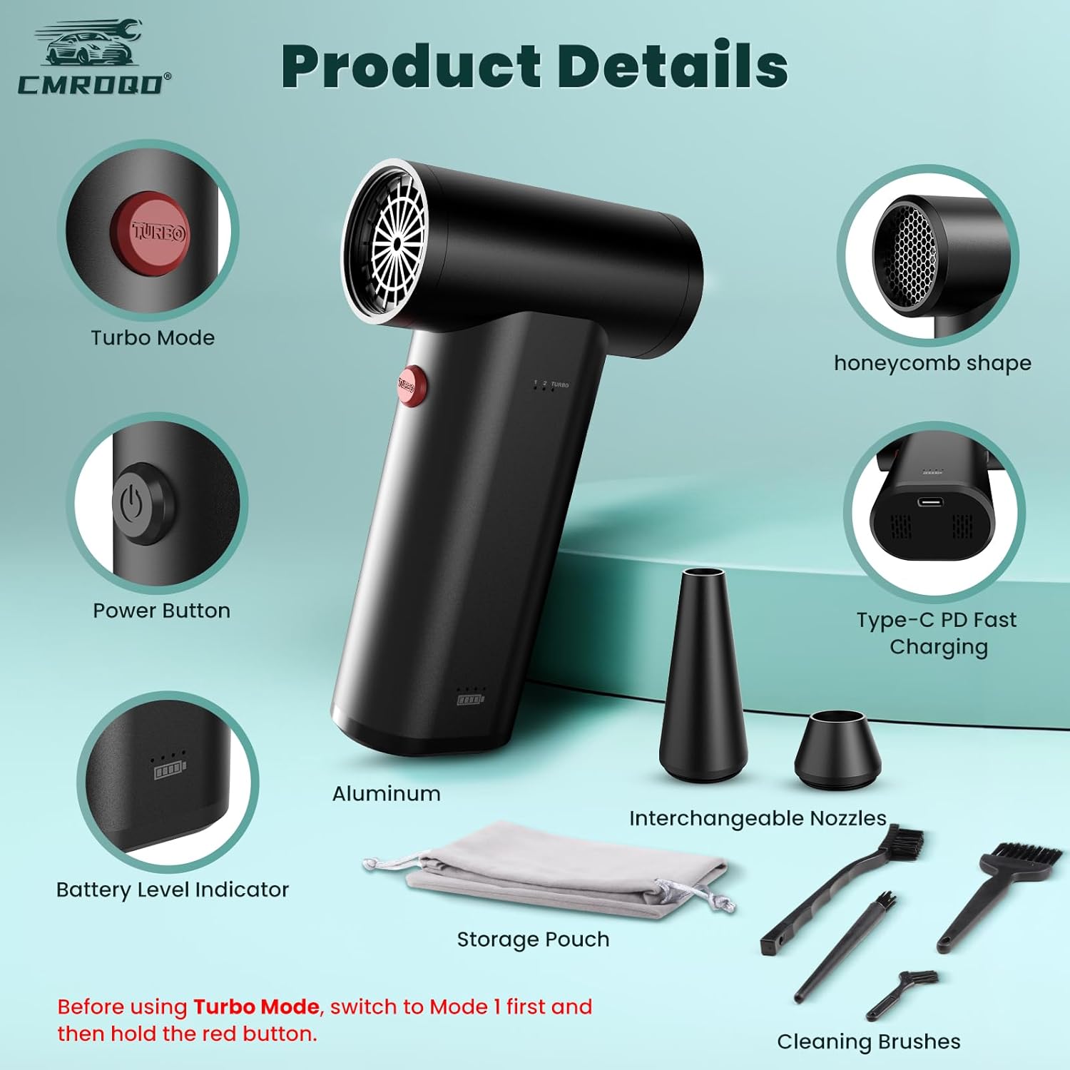 Metal Electric Air Duster 150,000RPM Super Power Cordless Turbo Air Duster, Adjustable Rechargeable 3-Gear Brushless Motor Durable Mini Jet Dry Blower for Snow Keyboard Cleaner, Car Home, PC Cleaning