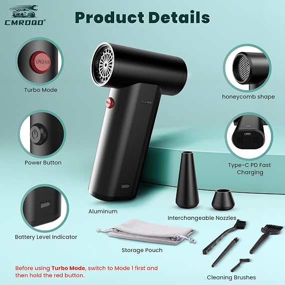 Metal Electric Air Duster 150,000RPM Super Power Cordless Turbo Air Duster, Adjustable Rechargeable 3-Gear Brushless Motor Durable Mini Jet Dry Blower for Snow Keyboard Cleaner, Car Home, PC Cleaning | For keyboards, PCs, cars and home cleaning. Metal air duster uses a rechargeable brushless motor with 3 speeds.