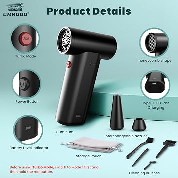 Metal Electric Air Duster 150,000RPM Super Power Cordless Turbo Air Duster, Adjustable Rechargeable 3-Gear Brushless Motor Durable Mini Jet Dry Blower for Snow Keyboard Cleaner, Car Home, PC Cleaning | For keyboards, PCs, cars and home cleaning. Metal air duster uses a rechargeable brushless motor with 3 speeds.