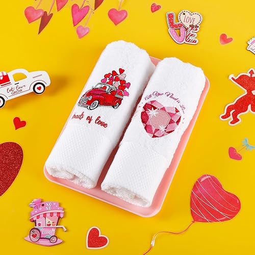Miniatura 3 de Quera Paquete de 2 toallas de mano para el día de San Valentín, camión, corazón de diamante, 100% algodón, bordadas, decoración de lujo de primera