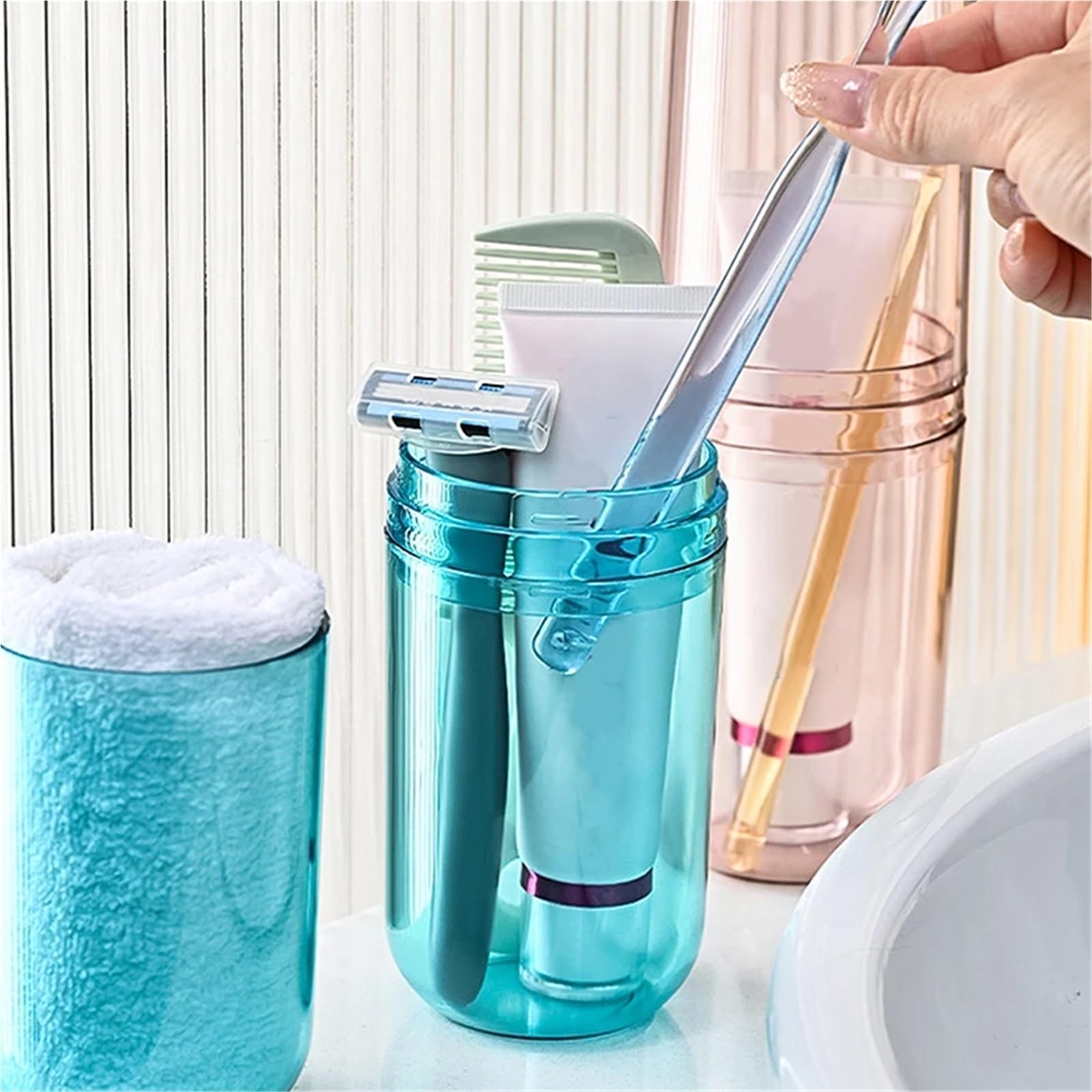 Porta Spazzolino 3 Pezzi portaspazzolino da Viaggio Organizer da Bagno Portatile for Lavare la Tazza, Scatola portaspazzolino in plastica, collutorio(Gray)