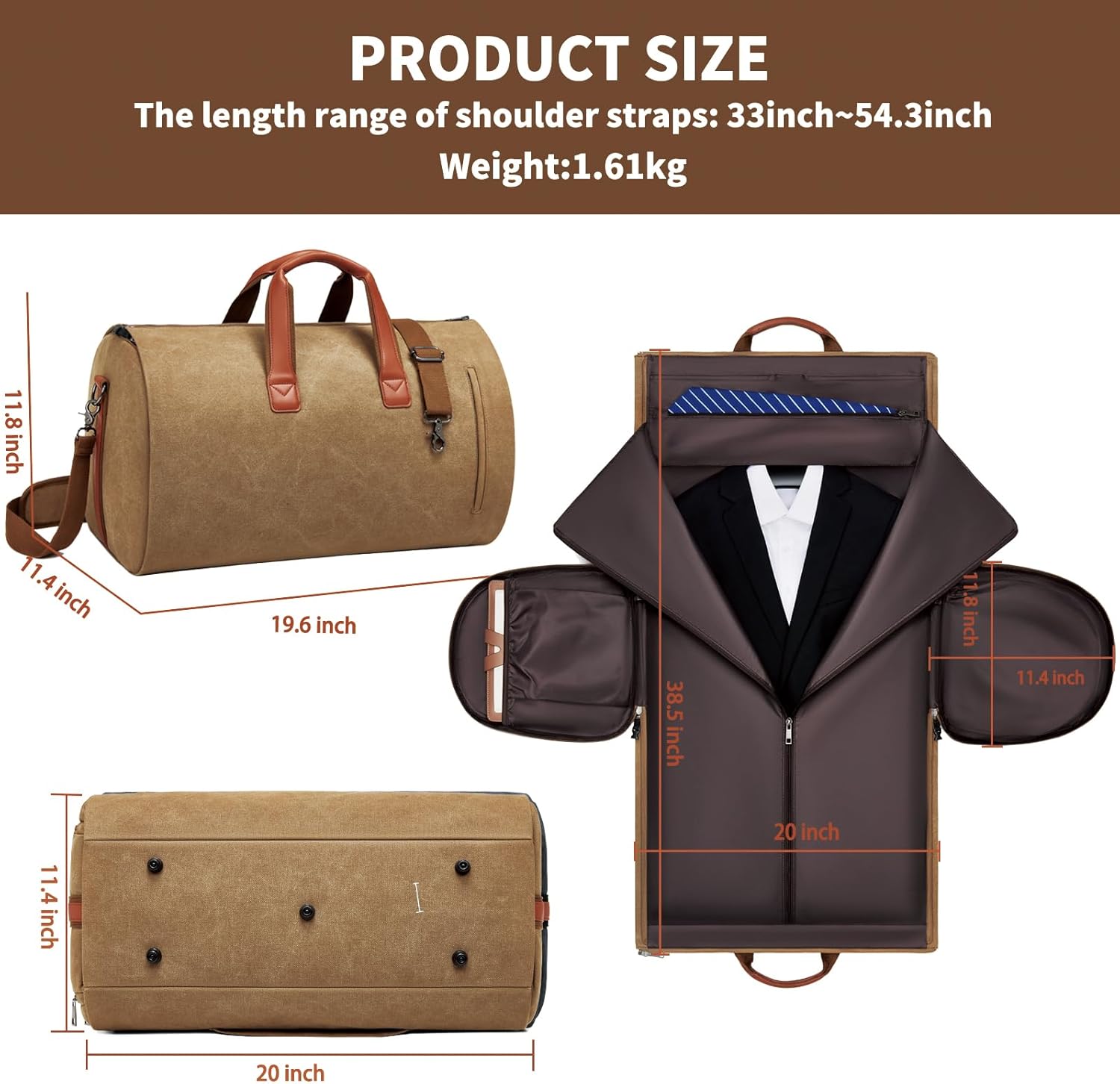 Convertible Garment Duffel Bag, Carry on Garment Bag for Travel Canvas Mens Suit Bag 2 in 1 Foldable Garment Bag with Shoulder Strap Weekender Bag with Shoe Pouch - Image 3