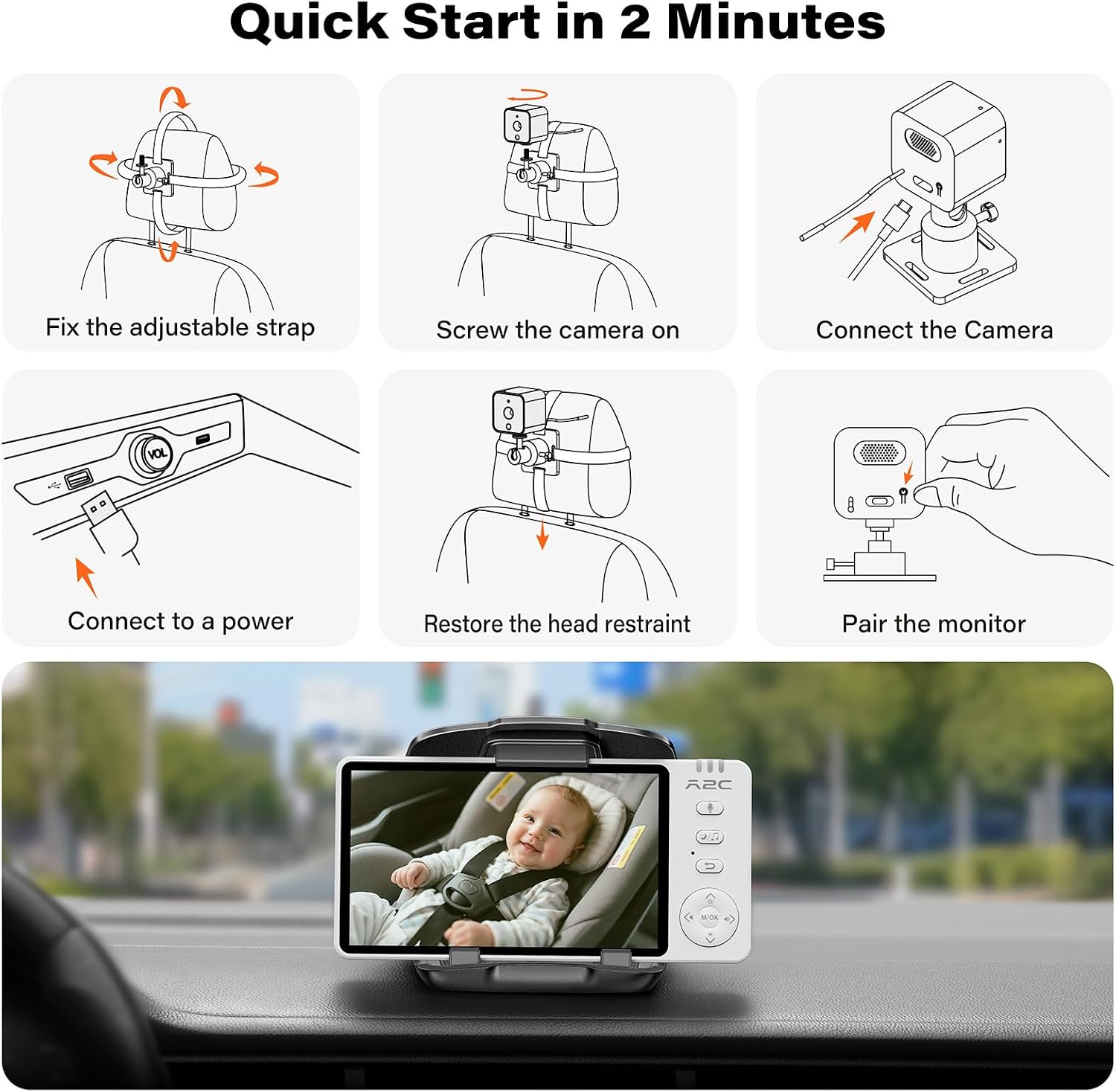 A2C Baby Car Camera for Backseat Wireless, USB Powered Baby Camera Monitor for Car Backseat & Home Use, 360° Rotating Rear Seat Monitor (1000ft) with 5" HD 1080P Auto/Manual Night Vision Screen image 4