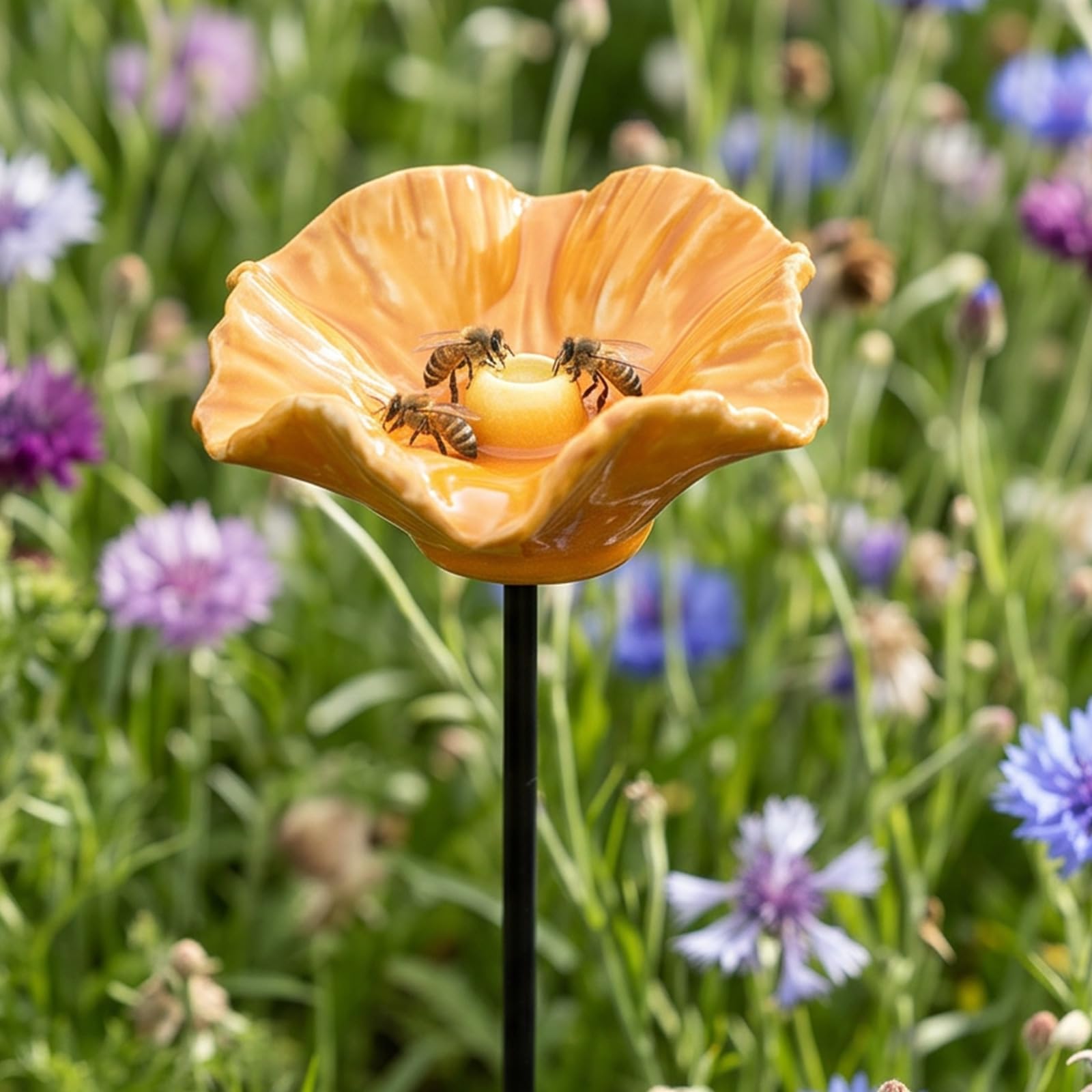 Mini Bee Watering Station, Handmade Ceramic Flower Bee Bath for Garden – Attract Butterflies & Pollinators – Colorful Outdoor Gardening Stakes for Yard, Patio, Butterfly Garden, Gardening Essentials