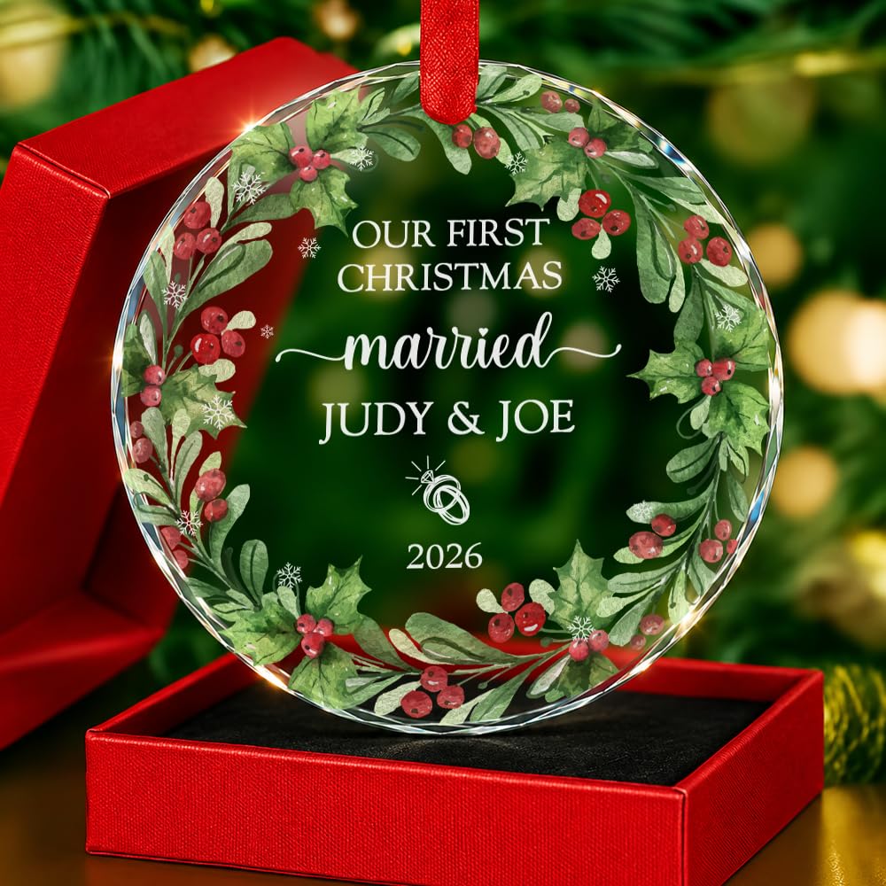 Personalized Our First Christmas Married Crystal Ornament - Xmas Tree Glass Ornaments, Marriage Couple Gift for Woman, Married Newlywed Keepsake Decor, Bridal Shower Wedding 1st Anniversary Bauble