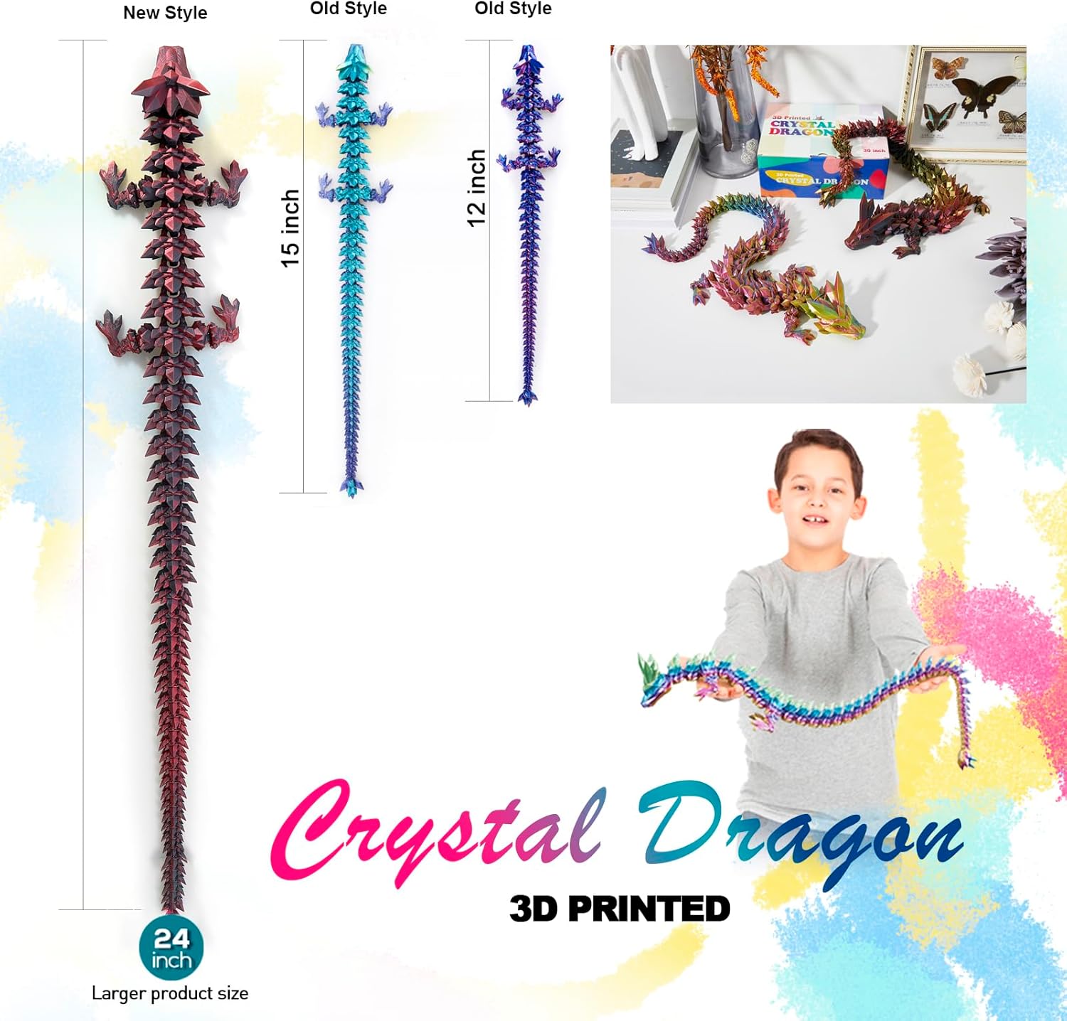 24" Large 3D Printed Dragon, Big 3D Dragon ,Giant 3-d Printed Dragons Toy, Huge 3D Dragons for Home Office Executive Desk Decor,Surprised Gift for Girls Boys Kids Age 3-5 4-7 8-12（24 inch, Red Black）