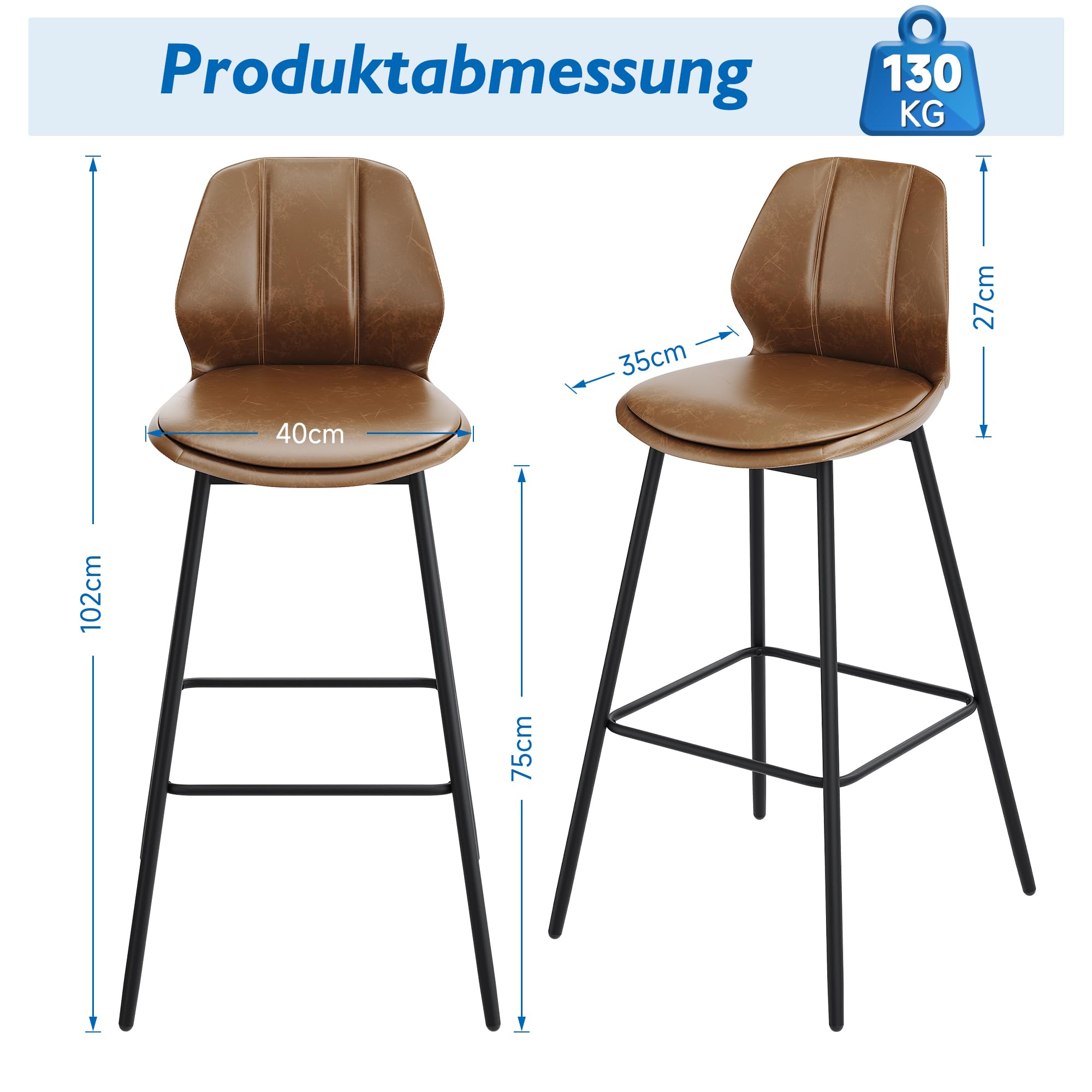 SONNI Barhocker 2er Set, Barstühle, Küchenstühle mit Rückenlehne und Fußstütze, robuster Metallrahmen, gemütliche PU weiche Sitzfläche, für Bar, Küche, Esszimmer, Sitzhöhe 102 cm, Braun