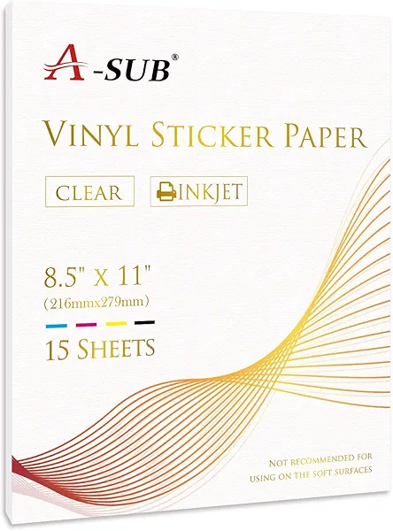 A-SUB Clear Sticker Paper for Inkjet Printers - Waterproof Translucent Printable Vinyl Sticker Paper - 15 Sheets 8.5x11 Inch Glossy Clear Label Paper for Custom Decals