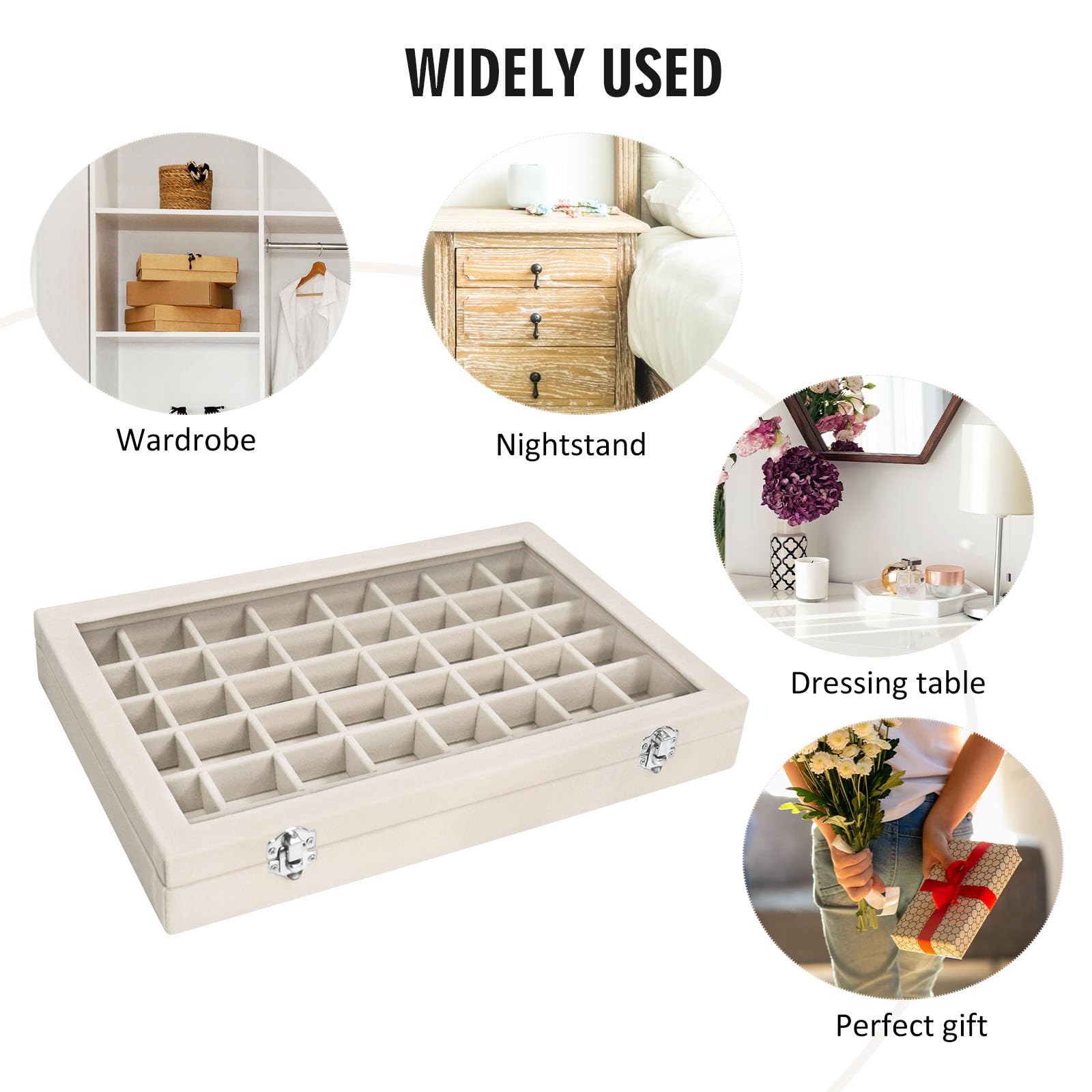 Velvet Jewelry Tray 48 Compartments Jewelry Display Organizer with Transparent Cover Rings, Earrings, Necklaces, Pendants Storage Box for Girls, Wives, Mothers, Women