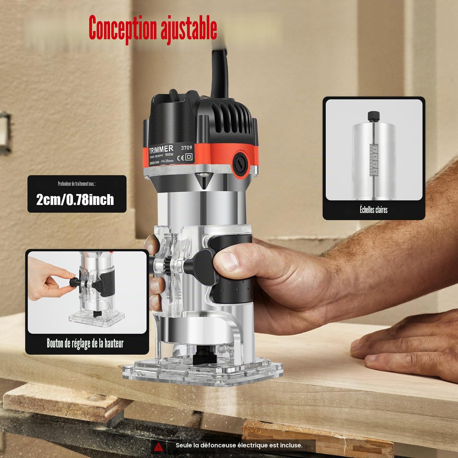 Défonceuse à main électrique pour bois - 220 V - 800 W - Fraise multifonction - Bord 30 000 tr/min - Pour le travail du bois, la fabrication de meubles