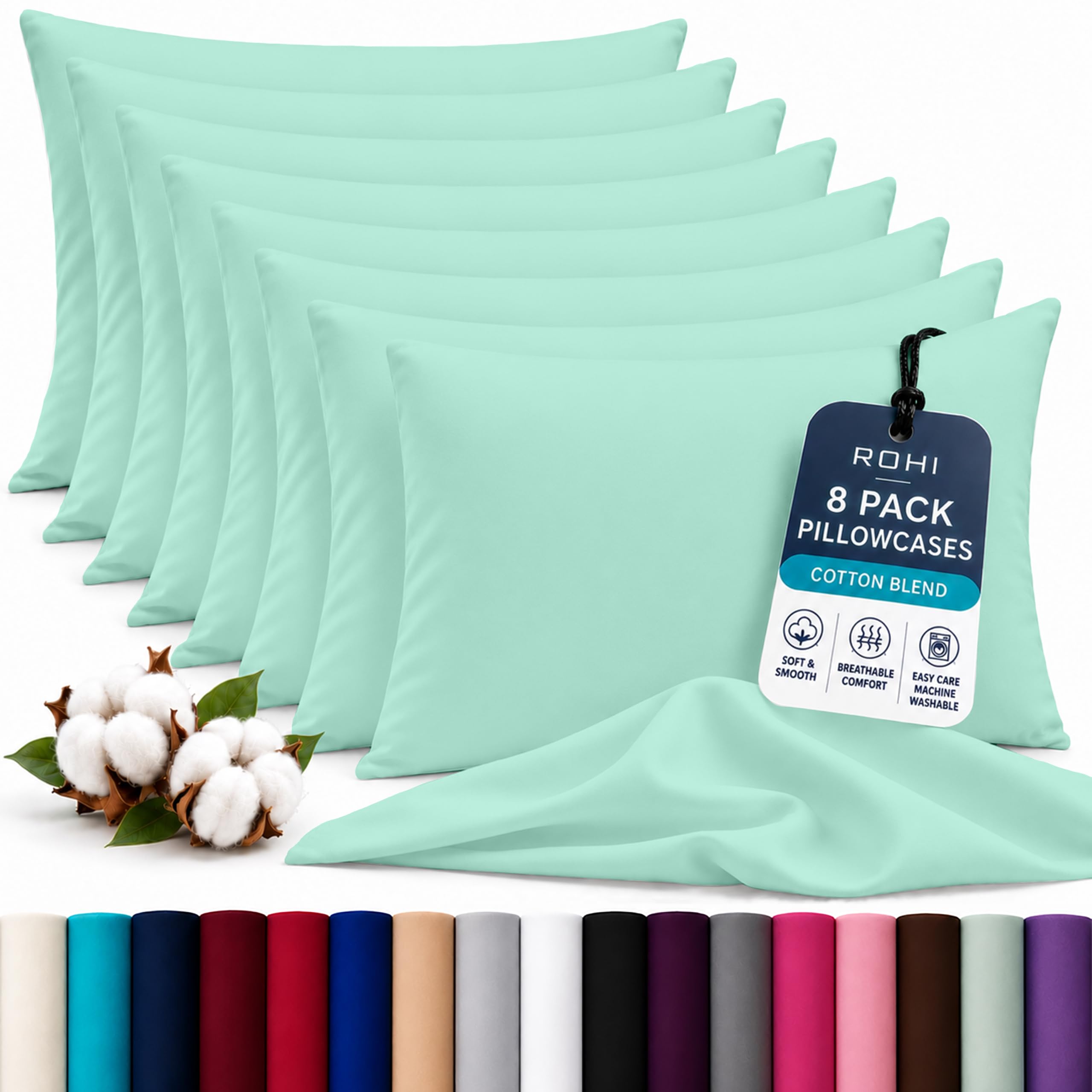 Rohi Luxury Mint Green Pillowcases 8 Pack - (50×75cm) | Soft & Comfy Cotton Blend Pillow Covers with Envelope Closure | Breathable, Anti-Allergy, Fade & Wrinkle Resistant