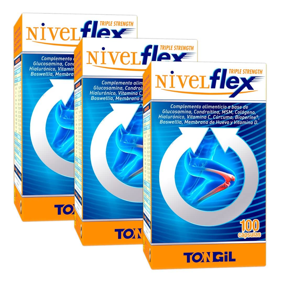 Glucosamina, Condroitina, MSM - 300 Cápsulas – Con Boswellia, Cúrcuma y Colágeno – Complejo Para Articulaciones, Cartílago y Huesos - +3 Meses de Suministro - Nivelflex 100 Cáps (Pack 3 Uds.) Tongil