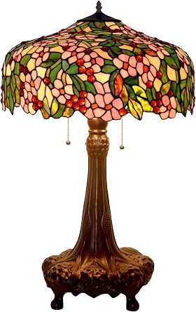 HT Tiffany Style Table Lamp 20 Inch Wide Apple Flower Design Stained Glass Lampshade 3-Lights Zinc Alloy Antique Base Traditional Handmade Lighting for Dining Room Living Room Bedroom Study Office