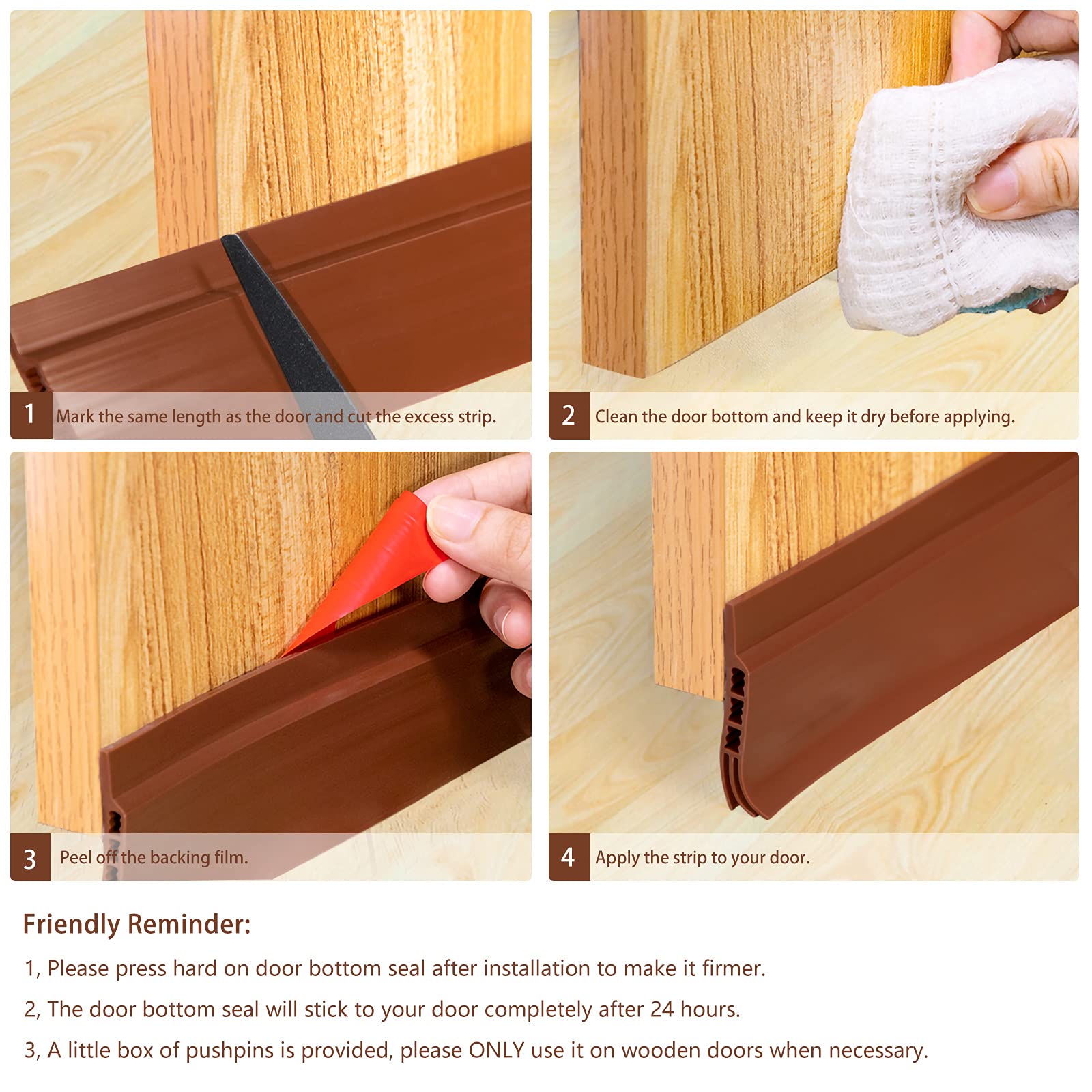 Under Door Sweep 2 Inch Width 39 Inch Length, Door Draft Stopper Weather Stripping Door Bottom Seal Strip (Brown) 3