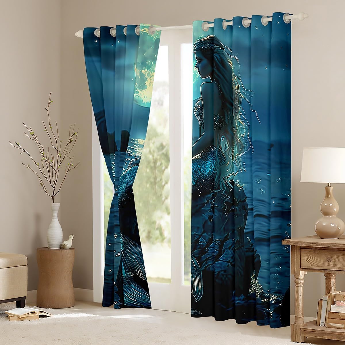 Manfei Mermaid Princess Kids Blackout Curtain,Moonnight Glitter Stars Romantic Window Drapes for Girls Women,Underwater World Marine Life Blue Window Treatments Grommet Top 2 Panel Set,38Wx45L inch