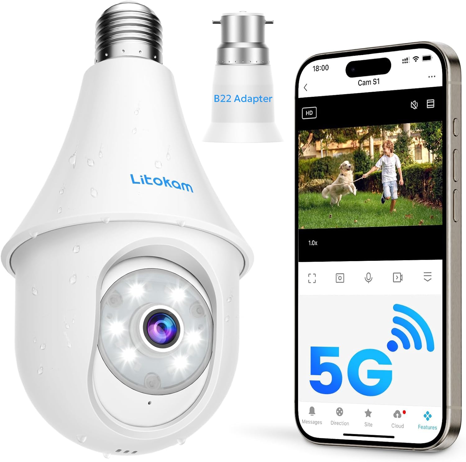 litokamLight Bulb Security Camera, 5MP 2K WiFi Socket Cam for Home, 5G/2.4G Wireless Outdoor/Indoor Light Bulb Cameras with B22 adaptor, Alarm Siren, Work with Alexa