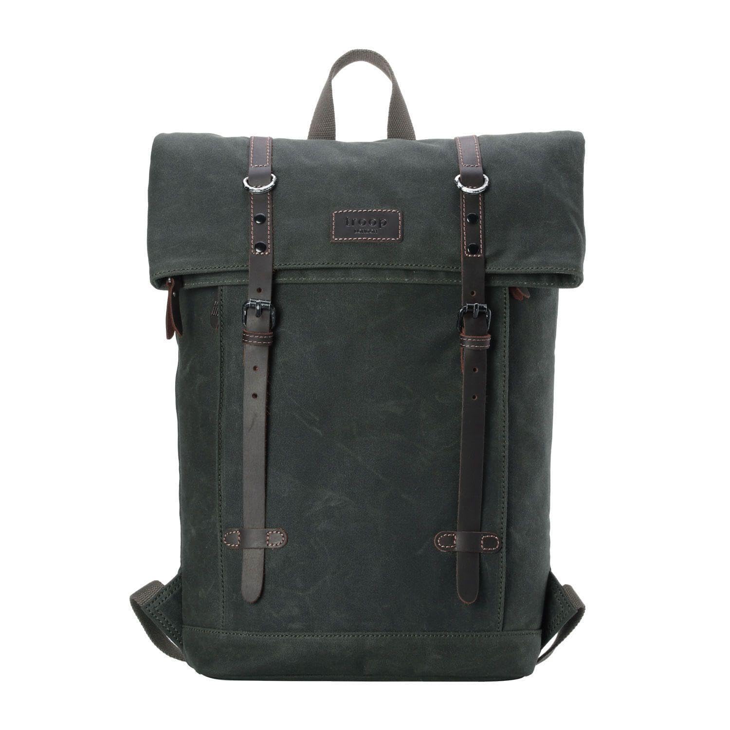 Troop London Unisex Dark Green Trp0425 Heritage Canvas 15" Laptop Backpack, Smart Casual Daypack With Foldable Top - H48 X W37 X D11 Cm