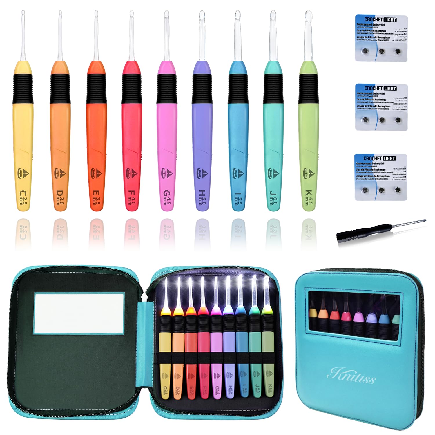 Knitiss Light Up Crochet Hooks Set 2.5-6.5mm, 9 Size LED Crochet Hooks with Case for Dark Yarn, Lighted Crochet Needles Set with 3 Packs Replacement Batteries, Crochet Gifts for Crocheters