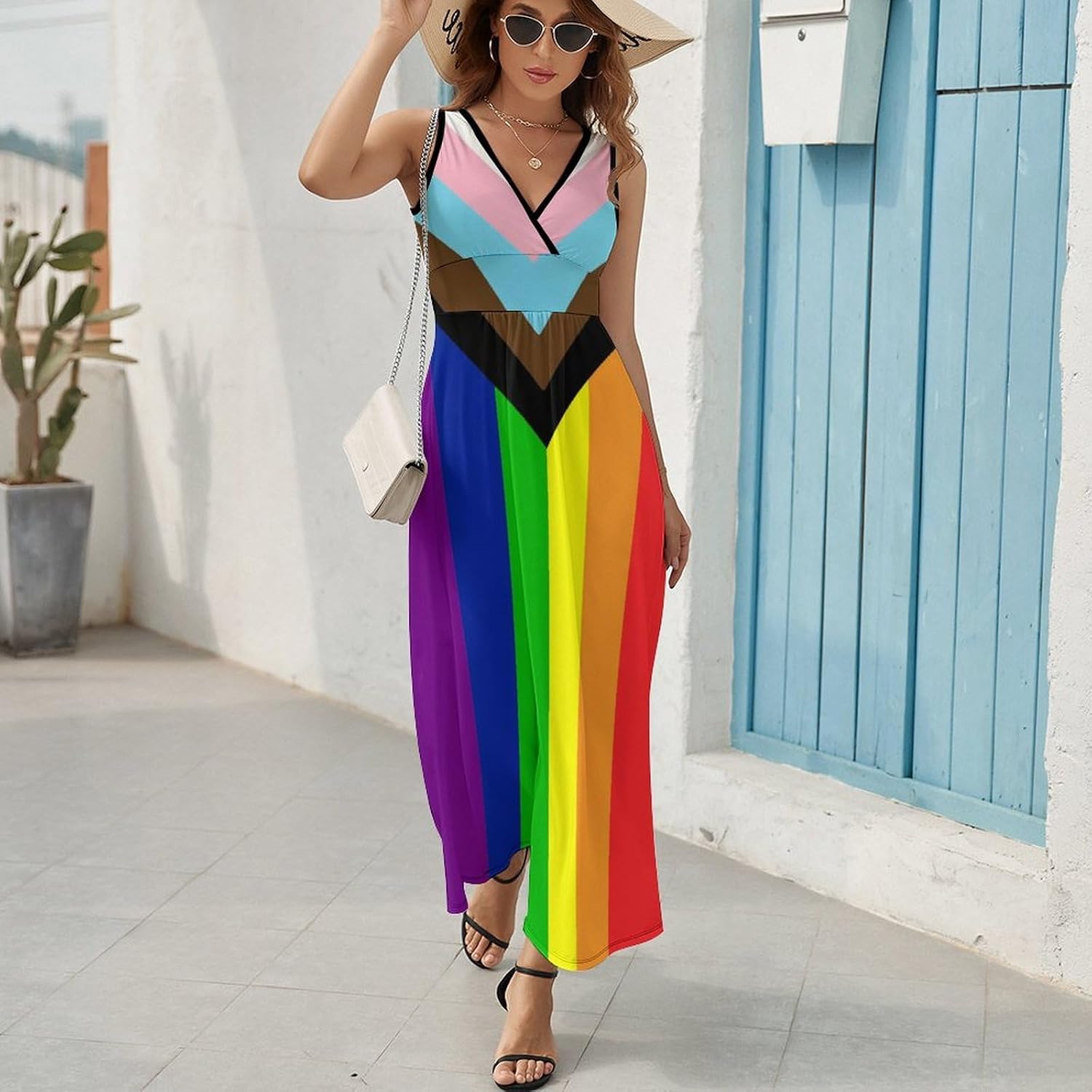 Progress Pride Flag Rainbow Gay Lesbian Transgender Bisexual LGBTQ Pattern Women's Sleeveless Dress
