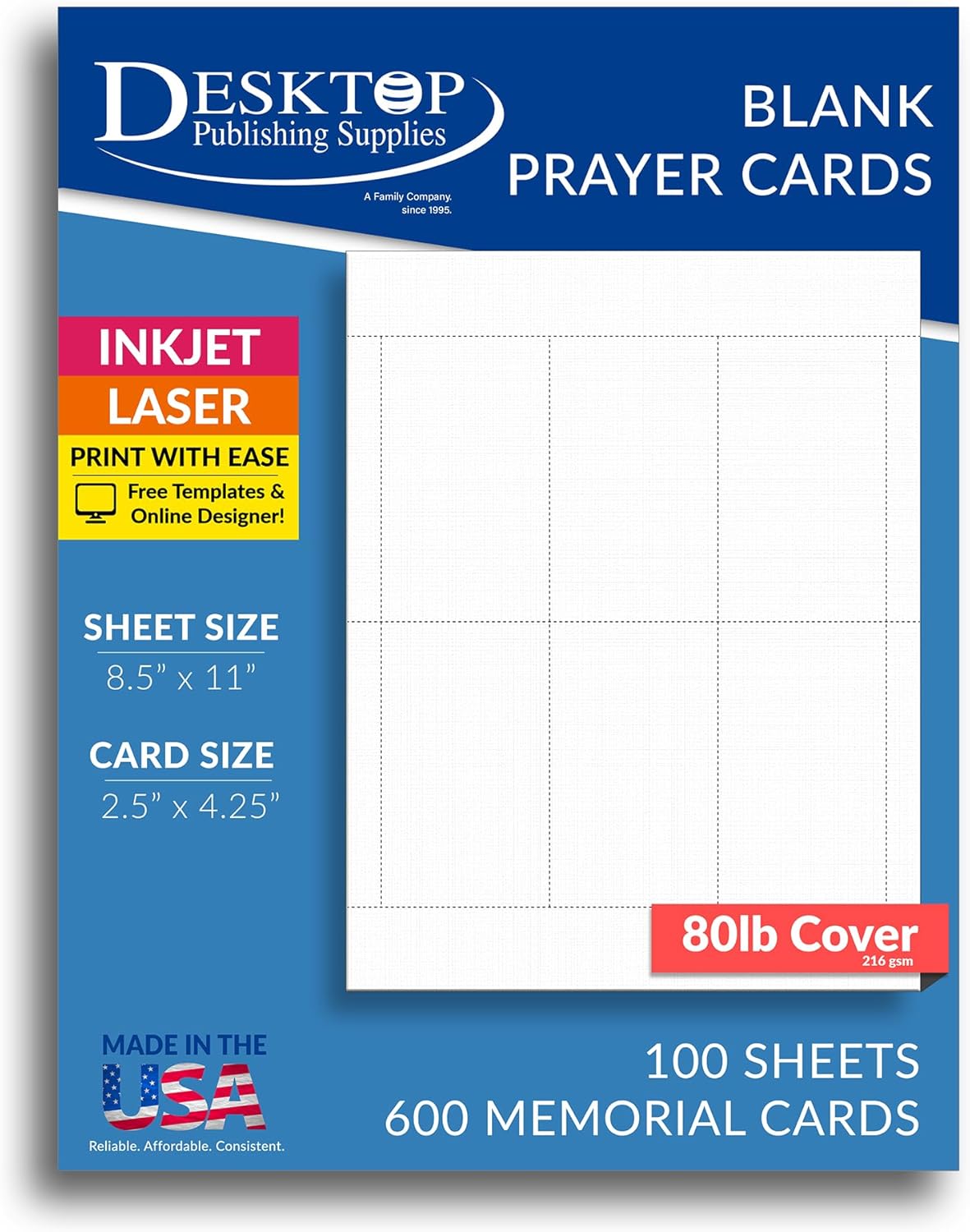 Linen Textured Printable Blank Memorial Cards for Funeral - 600 Prayer Cards (100 Sheets) - Thick 80lb Cover (White) - For Inkjet & Laser Printers - Quality Keepsake for Celebration of Life