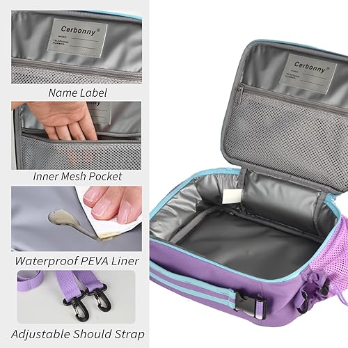 Miniatura 4 de Cerbonny Lonchera para niños, morado, unisex, poliéster, con interior aislado, fácil de limpiar, 10.8 pulgadas de largo x 4 pulgadas de ancho x 8.8