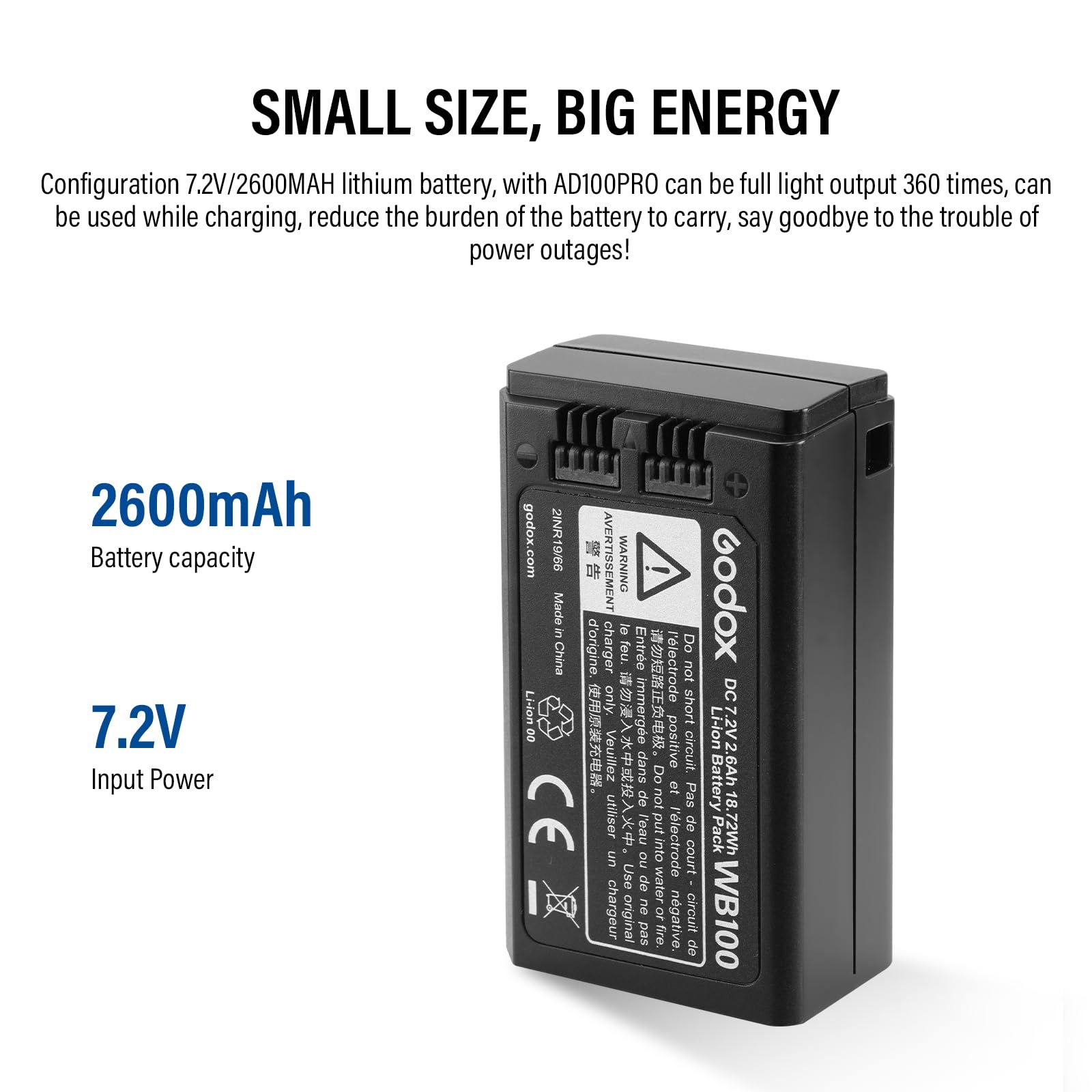 Godox WB100 Batterie AD100PRO Battery WB100 7,2 V/2600 mAh pour Flash Annulaire Godox V1C V1N V1S V1F V1O V1P,Flash AD100PRO ((2024) WB100)