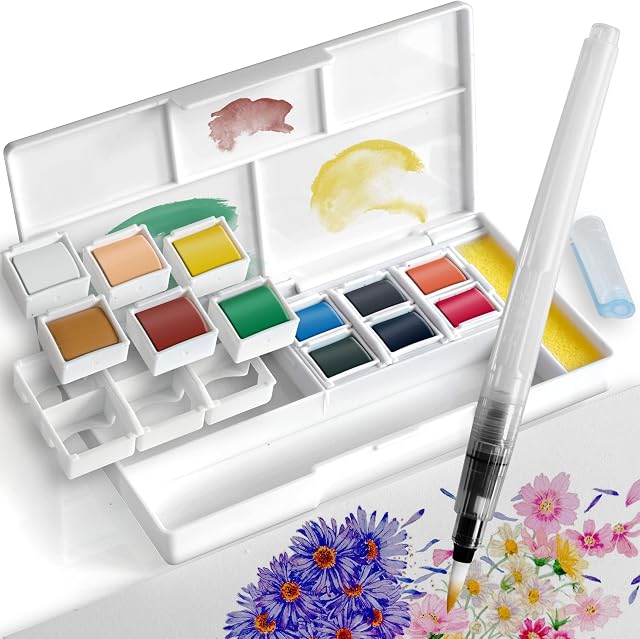 PENCILMARCH Watercolour Paint Colour Half Pans - Watercolour Paints Perfect for Artists Or Budding Hobbyists  Foldable Water Colour Paint Box with 1 Aqua Brush and 3 Sponges (Color of 12)