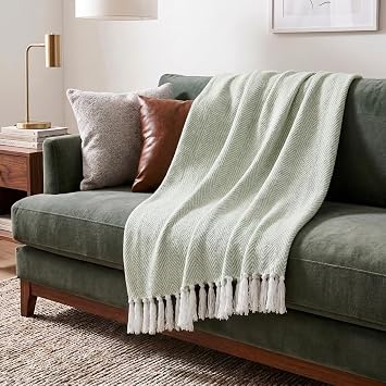 Americanflat 50x60 Throw Blanket - Soft and Breathable Cotton Throw Blanket for Couch, Bed, Chair - Decorative Blankets Perfect for Home or Outdoor Use - Light Green and White Herringbone Design