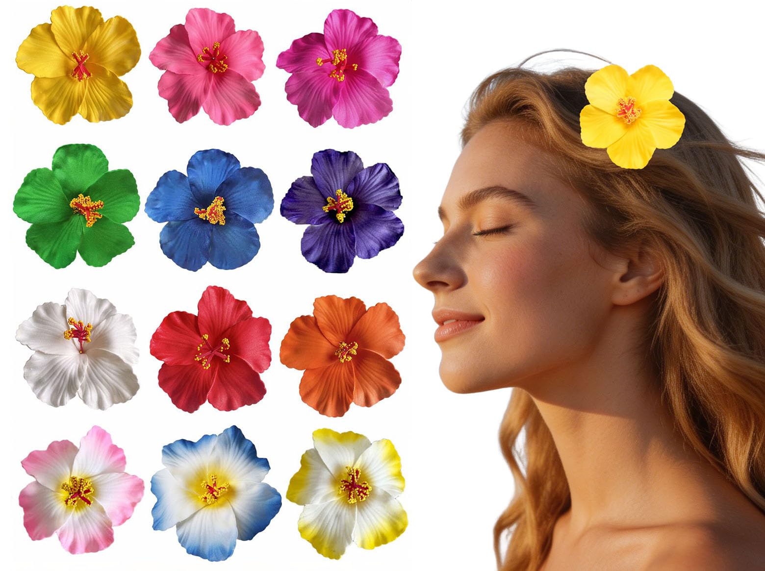 12 Pcs Hawaiian Flower Hair Clips for Women, 4 Inch Artificial Hibiscus Flower Clips for Wedding Vacation Party Beach Seaside Hair Accessories