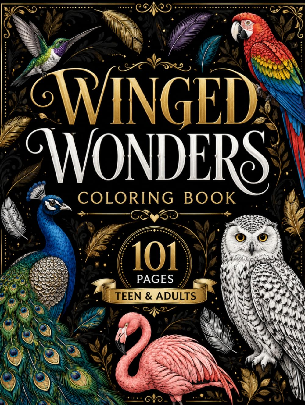 Winged Wonders Coloring Book: 101 Beautiful Bird Illustrations for Relaxation, Stress Relief & Creative Expression for Teens & Adults