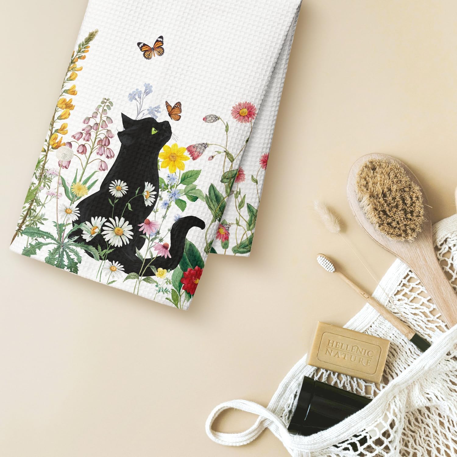 Black Cat Floral Spring Kitchen Towels Dish Towels, 16x24 Inch Farmhouse Summer Plants Decoration Hand Towels - Image 6