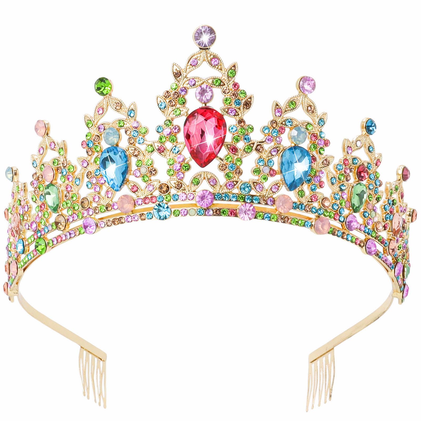 JOYRUBY Colorful Crystal Crown Elegant Gold Princess Tiara for Women, Bride Mermaid Crown for Girls, Rapunzel Tiara for Wedding Prom Homecoming Pageant