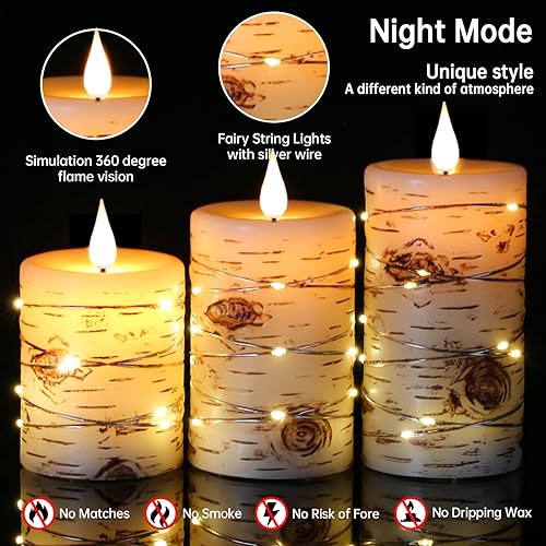 Miniatura 7 de Velas LED sin llama, pintadas a mano, efecto de corteza de abedul, juego de 3 velas empotrables (H4, 5 pulgadas, 6 pulgadas), pilar de cera real