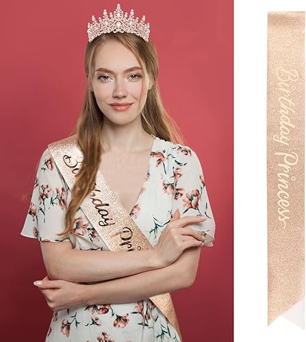 Miniatura 7 de CAVETEE Corona y banda de princesa de cumpleaños, corona de cumpleaños con banda de purpurina para decoraciones de fiesta de princesa, accesorios de