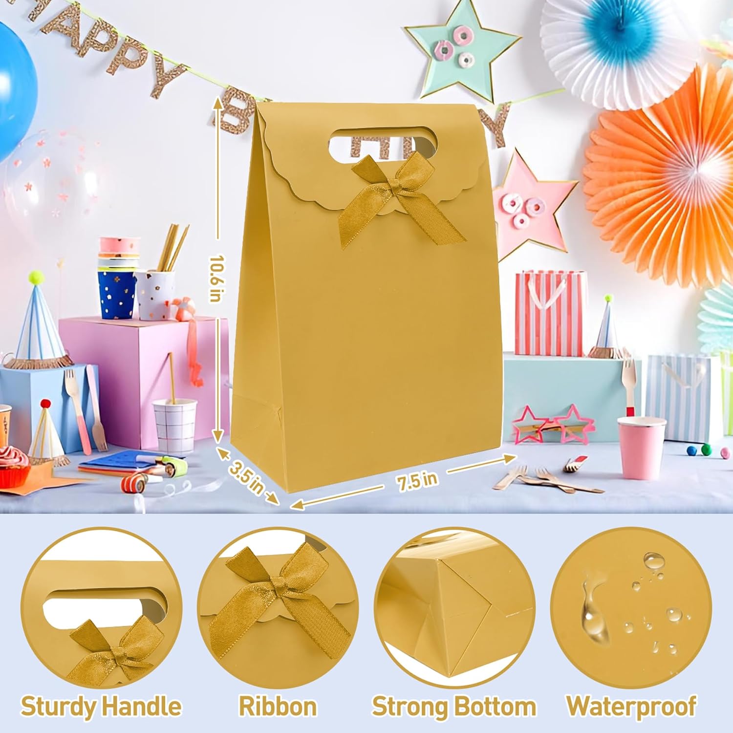 Patdefie gift bags with handles small size 7×4×10 inch 16pcs medium size for birthday,party,favor,wedding,anniversary(glod) - Image 3