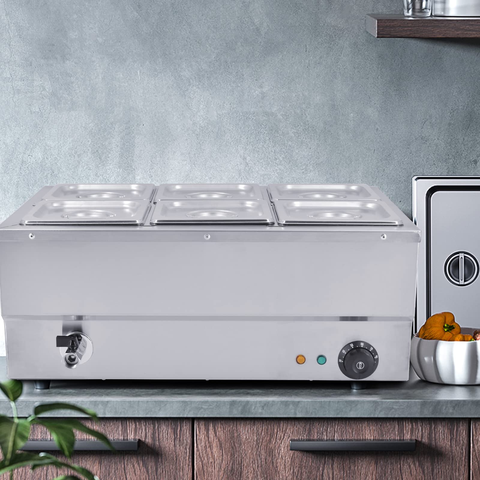TAIMIKO Bain Marie Stainless Steel Professional Electric Dish Warmer 1500 W Buffets 6 Trays with Drain Tap Temperature 30 to 85°C for Parties, Restaurants, Hotels and Kitchens