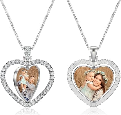PiercingJ Customized Double-Side Photo Necklace Custom Picture Pendant Chain Personalized Cubic Zirconia Hip Hop Jewelry Gift for Men Women with Gift Box