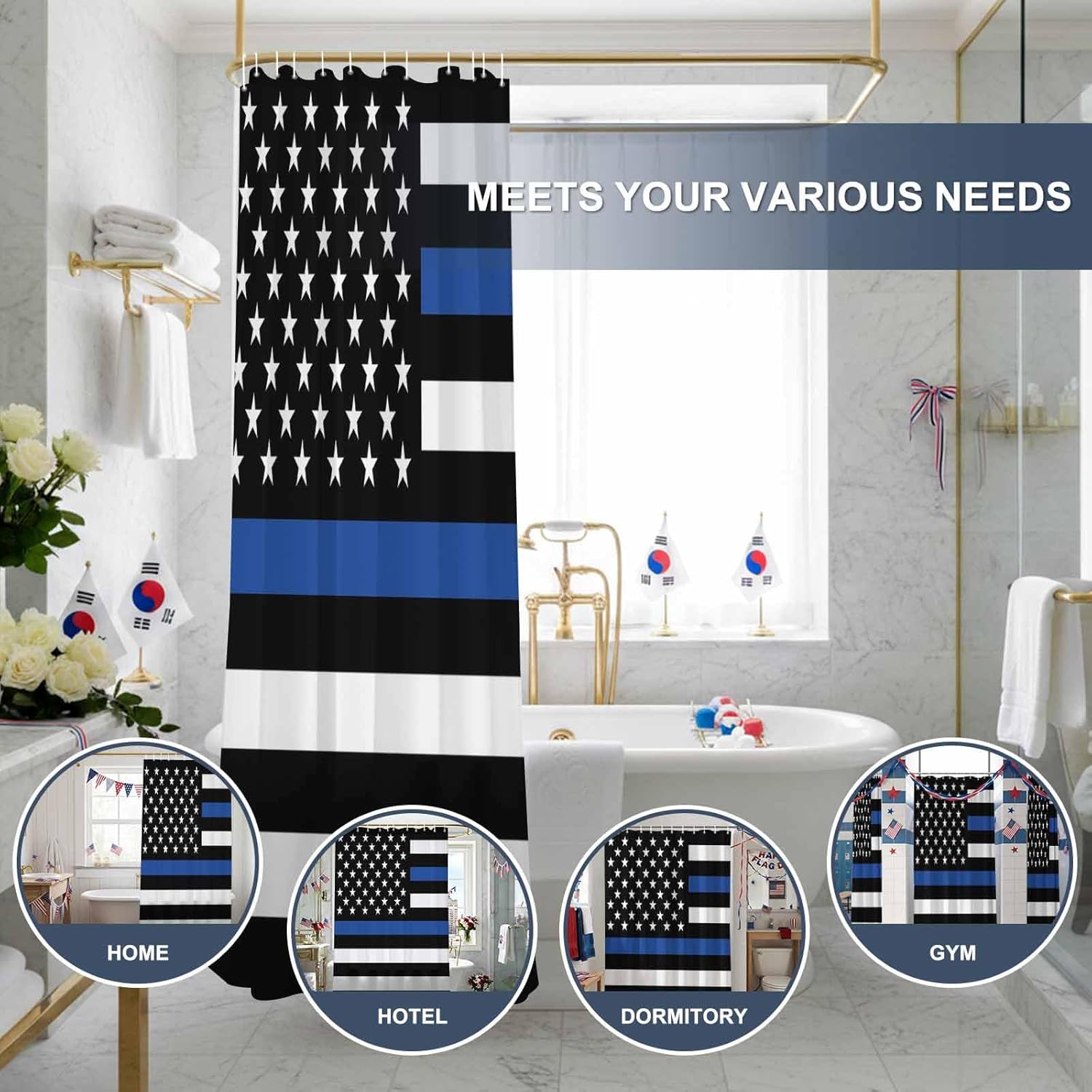 4th of July Shower Curtain Blue Line USA Flag Bathroom Curtains with Hooks, Waterproof American Police Law Enforcement Independence Day Shower Curtains Set for Bathroom Bathtubs Memorial Day 72x72